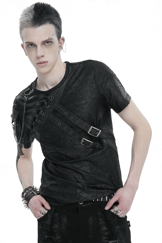 Punk Buckles Splice T-shirt with Pocket on Sleeve / Men's Round Neck Lace-Up T-Shirts