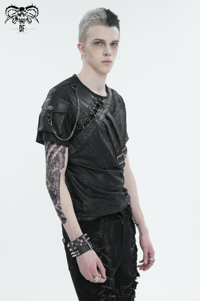 Punk Buckles Splice T-shirt with Pocket on Sleeve / Men's Round Neck Lace-Up T-Shirts