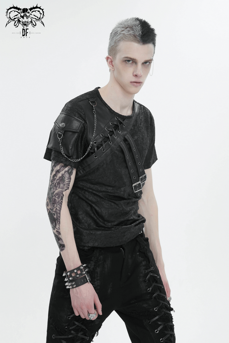 Punk Buckles Splice T-shirt with Pocket on Sleeve / Men's Round Neck Lace-Up T-Shirts