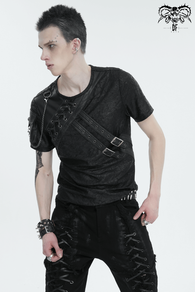 Punk Buckles Splice T-shirt with Pocket on Sleeve / Men's Round Neck Lace-Up T-Shirts