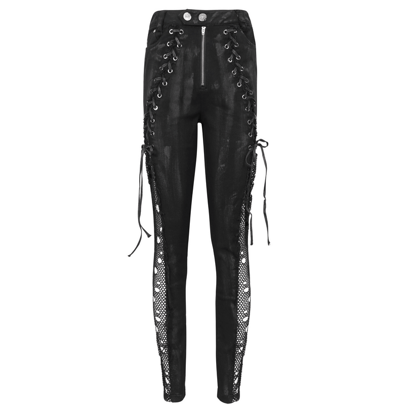 Punk Buttoned Zip Trousers with Hole Net on Sides / Black Pants With Symmetrical Lace-up