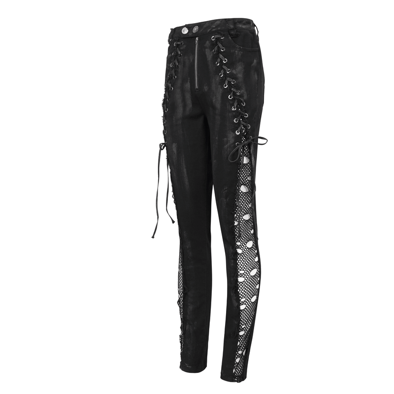 Punk Buttoned Zip Trousers with Hole Net on Sides / Black Pants With Symmetrical Lace-up