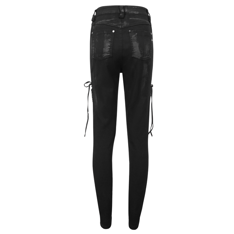 Punk Buttoned Zip Trousers with Hole Net on Sides / Black Pants With Symmetrical Lace-up