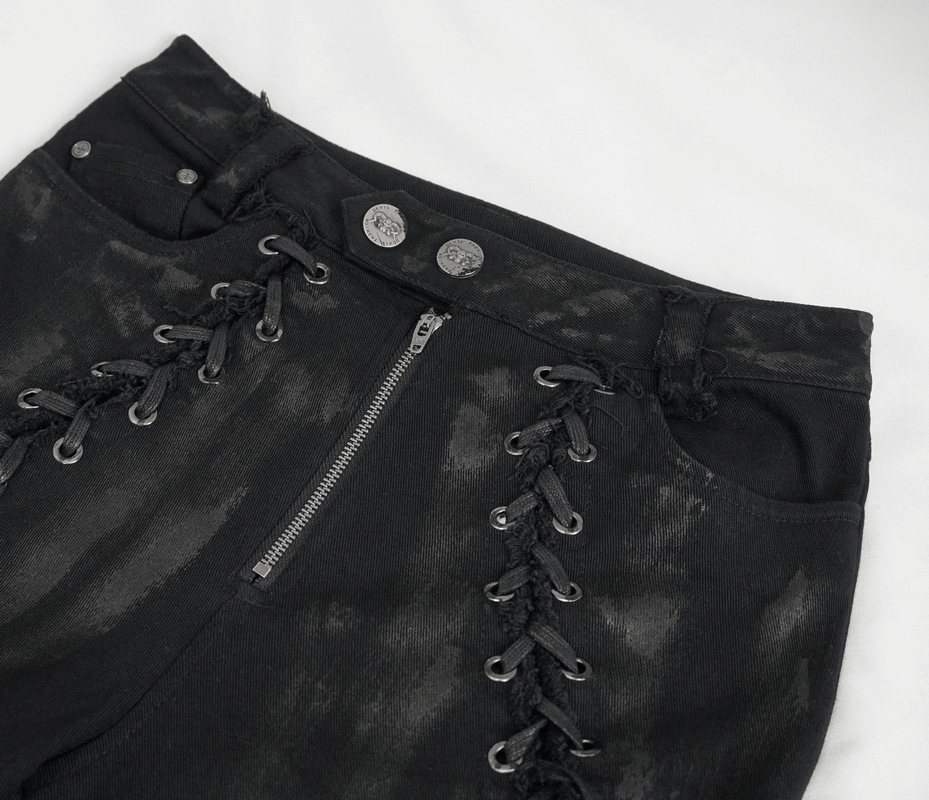 Punk Buttoned Zip Trousers with Hole Net on Sides / Black Pants With Symmetrical Lace-up