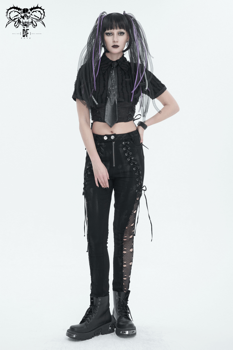 Punk Buttoned Zip Trousers with Hole Net on Sides / Black Pants With Symmetrical Lace-up