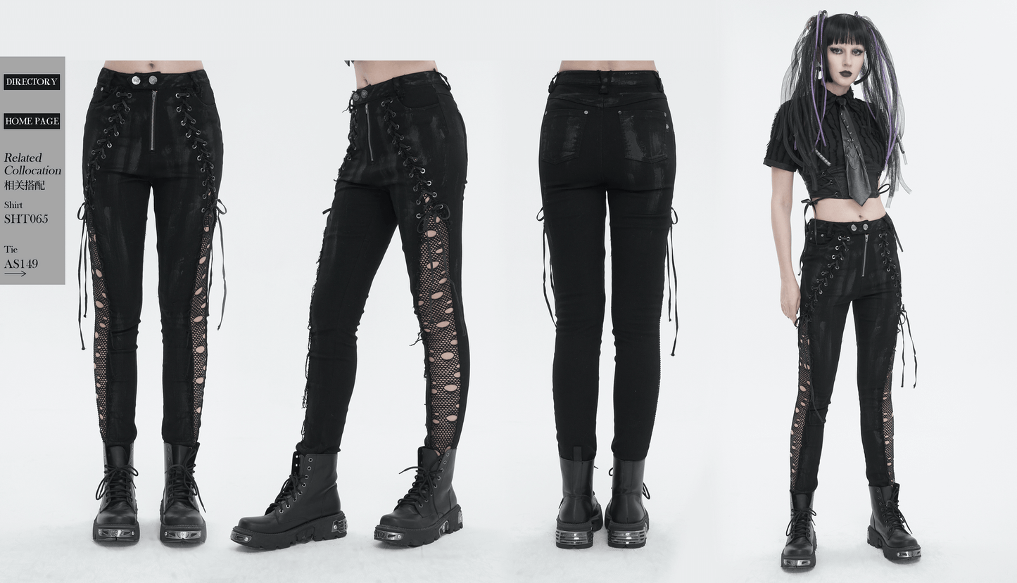 Punk Buttoned Zip Trousers with Hole Net on Sides / Black Pants With Symmetrical Lace-up