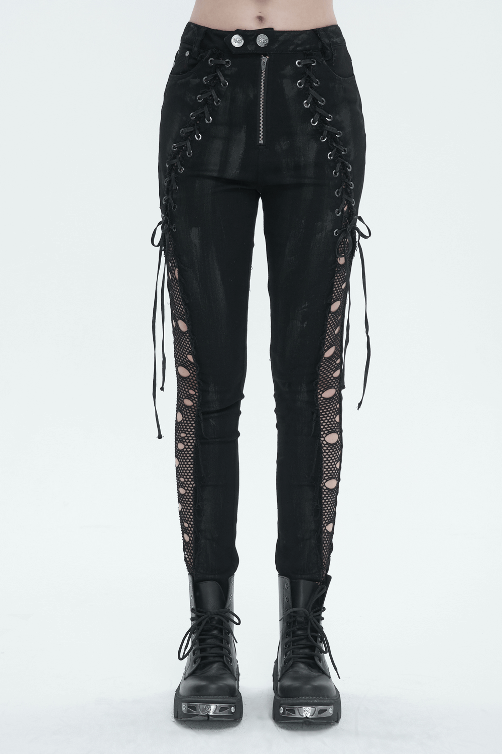 Punk Buttoned Zip Trousers with Hole Net on Sides / Black Pants With Symmetrical Lace-up