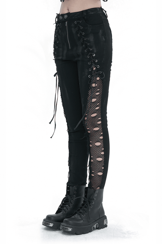 Punk Buttoned Zip Trousers with Hole Net on Sides / Black Pants With Symmetrical Lace-up
