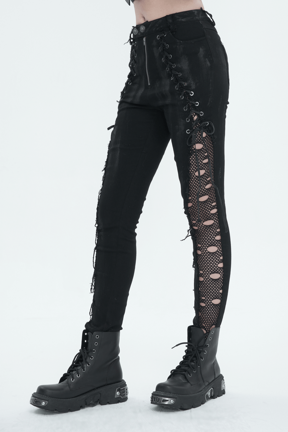 Punk Buttoned Zip Trousers with Hole Net on Sides / Black Pants With Symmetrical Lace-up