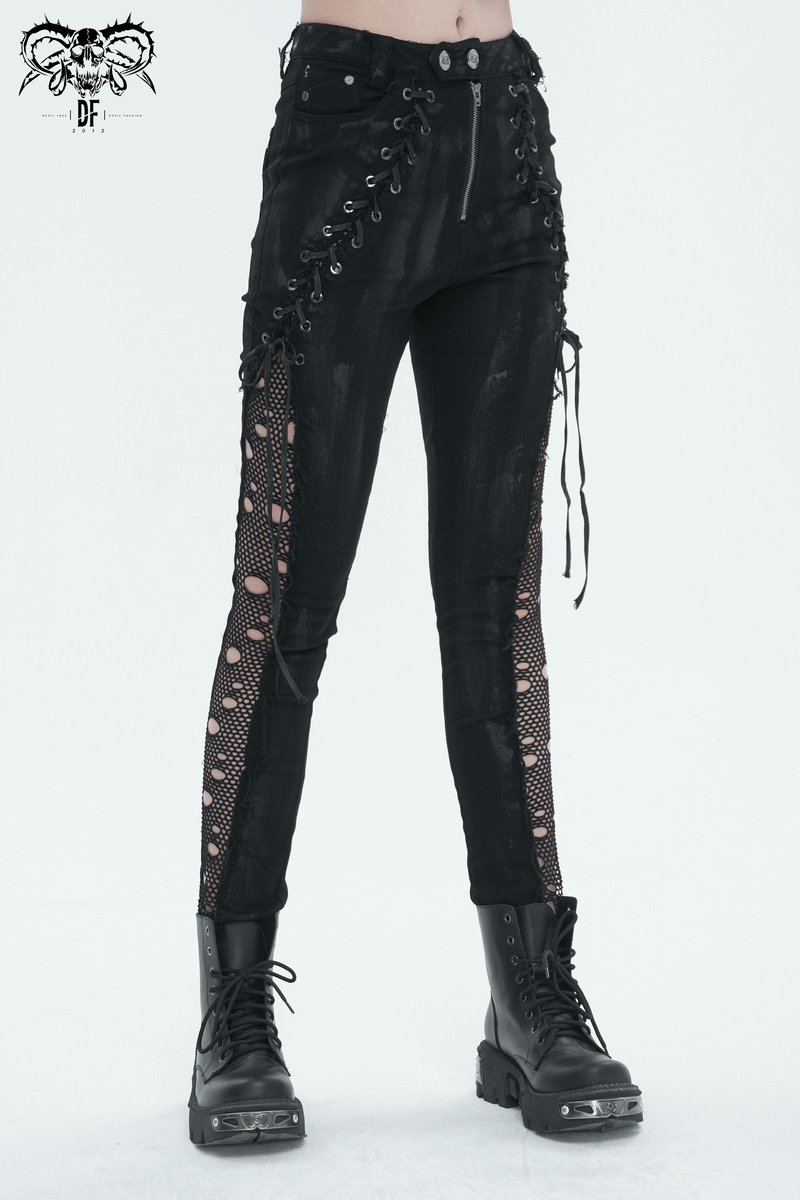 Punk Buttoned Zip Trousers with Hole Net on Sides / Black Pants With Symmetrical Lace-up