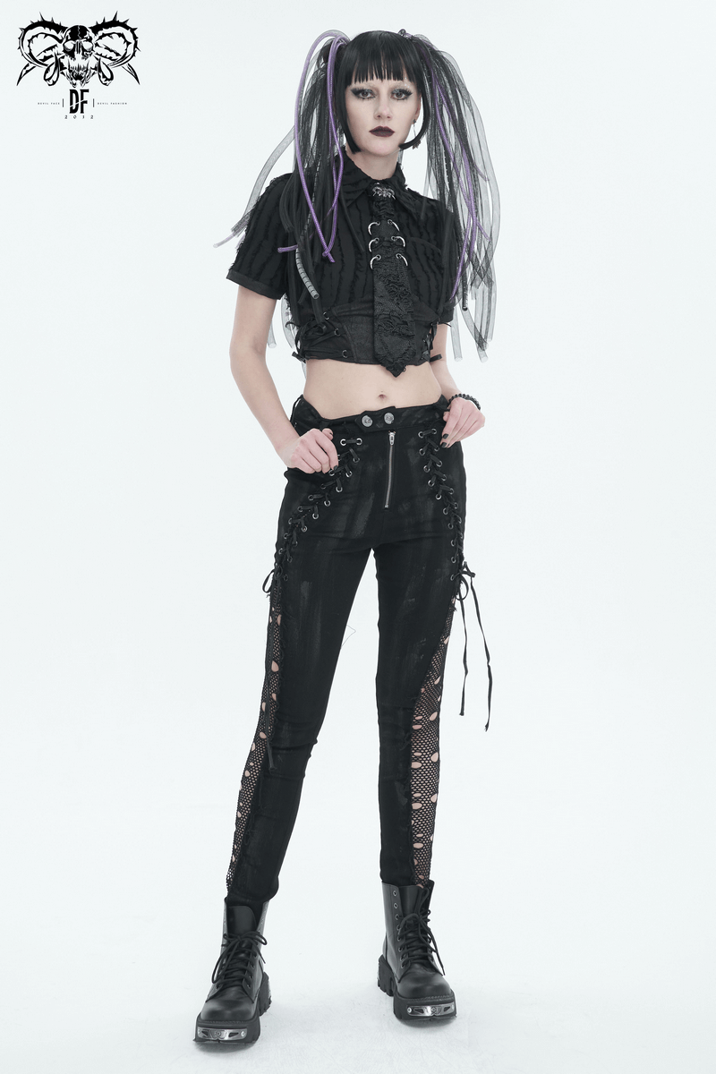 Punk Buttoned Zip Trousers with Hole Net on Sides / Black Pants With Symmetrical Lace-up