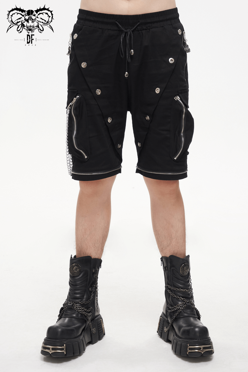 Punk Cargo Pants With Metal Buttons / Gothic Black Detachable Trousers with Chain