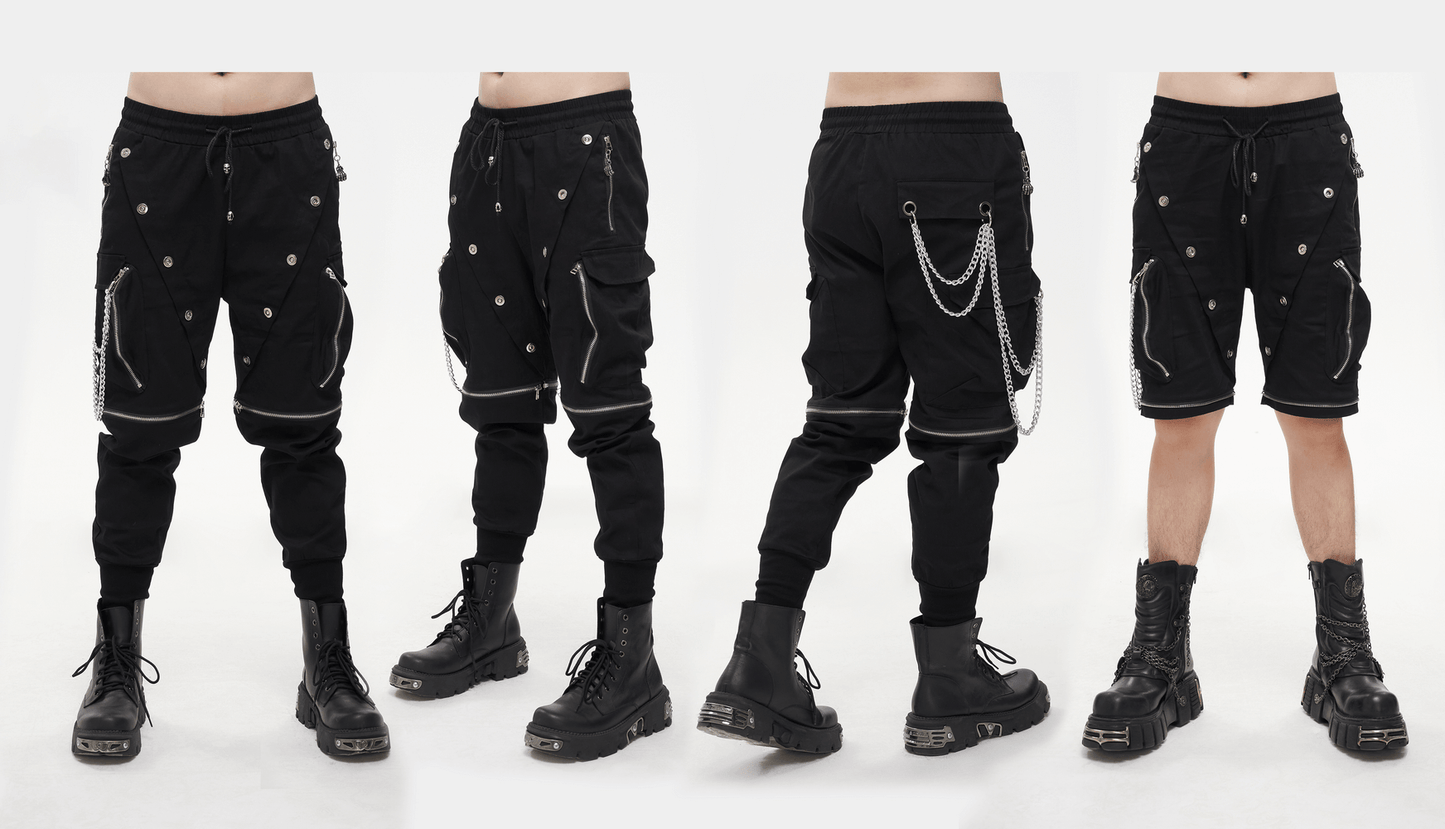 Punk Cargo Pants With Metal Buttons / Gothic Black Detachable Trousers with Chain