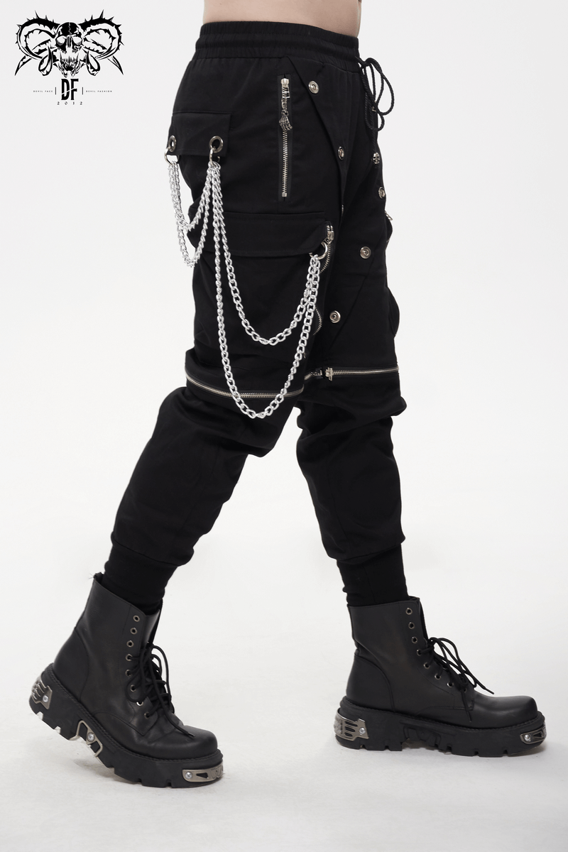 Punk Cargo Pants With Metal Buttons / Gothic Black Detachable Trousers with Chain