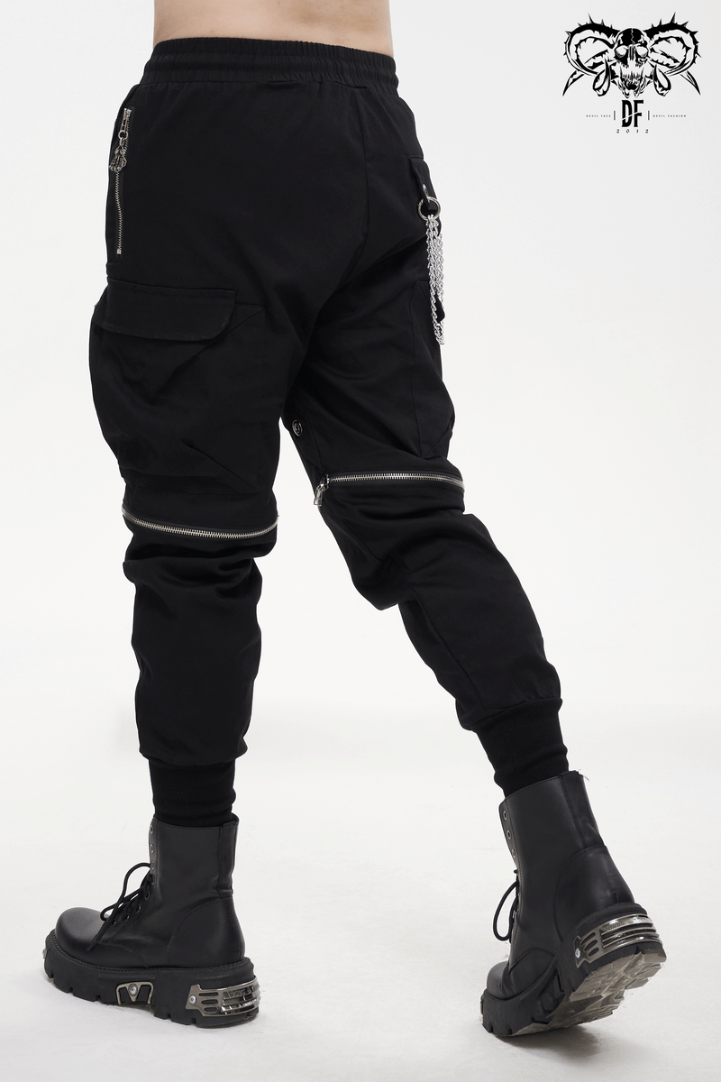 Punk Cargo Pants With Metal Buttons / Gothic Black Detachable Trousers with Chain