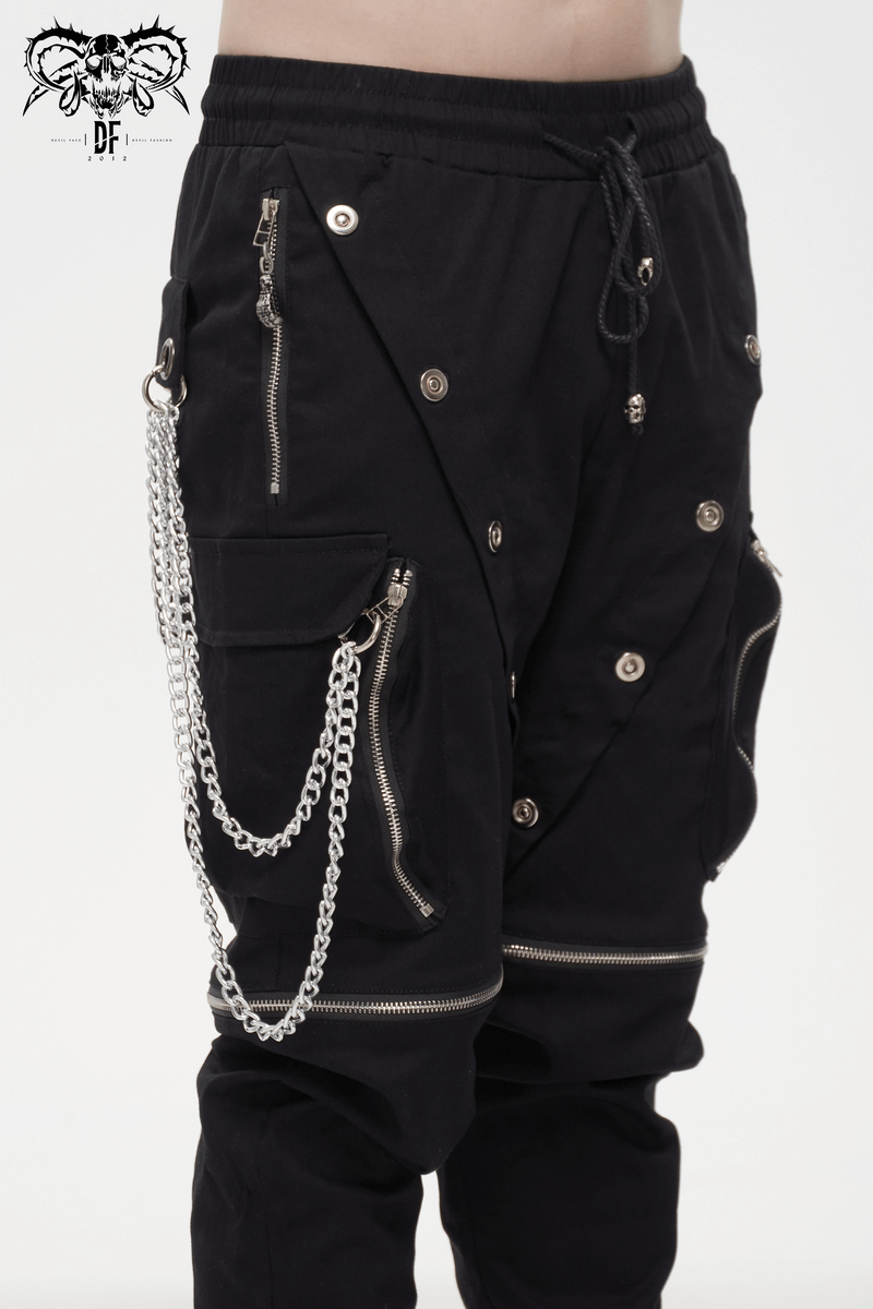 Punk Cargo Pants With Metal Buttons / Gothic Black Detachable Trousers with Chain