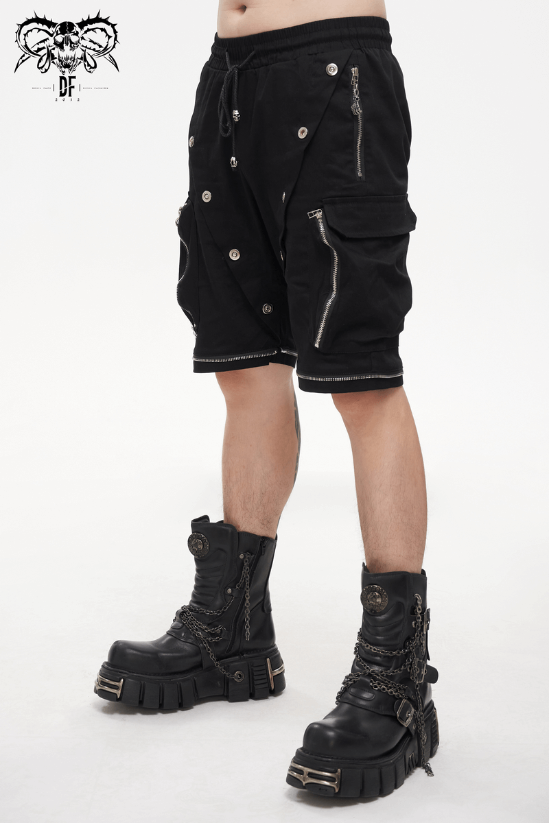Punk Cargo Pants With Metal Buttons / Gothic Black Detachable Trousers with Chain