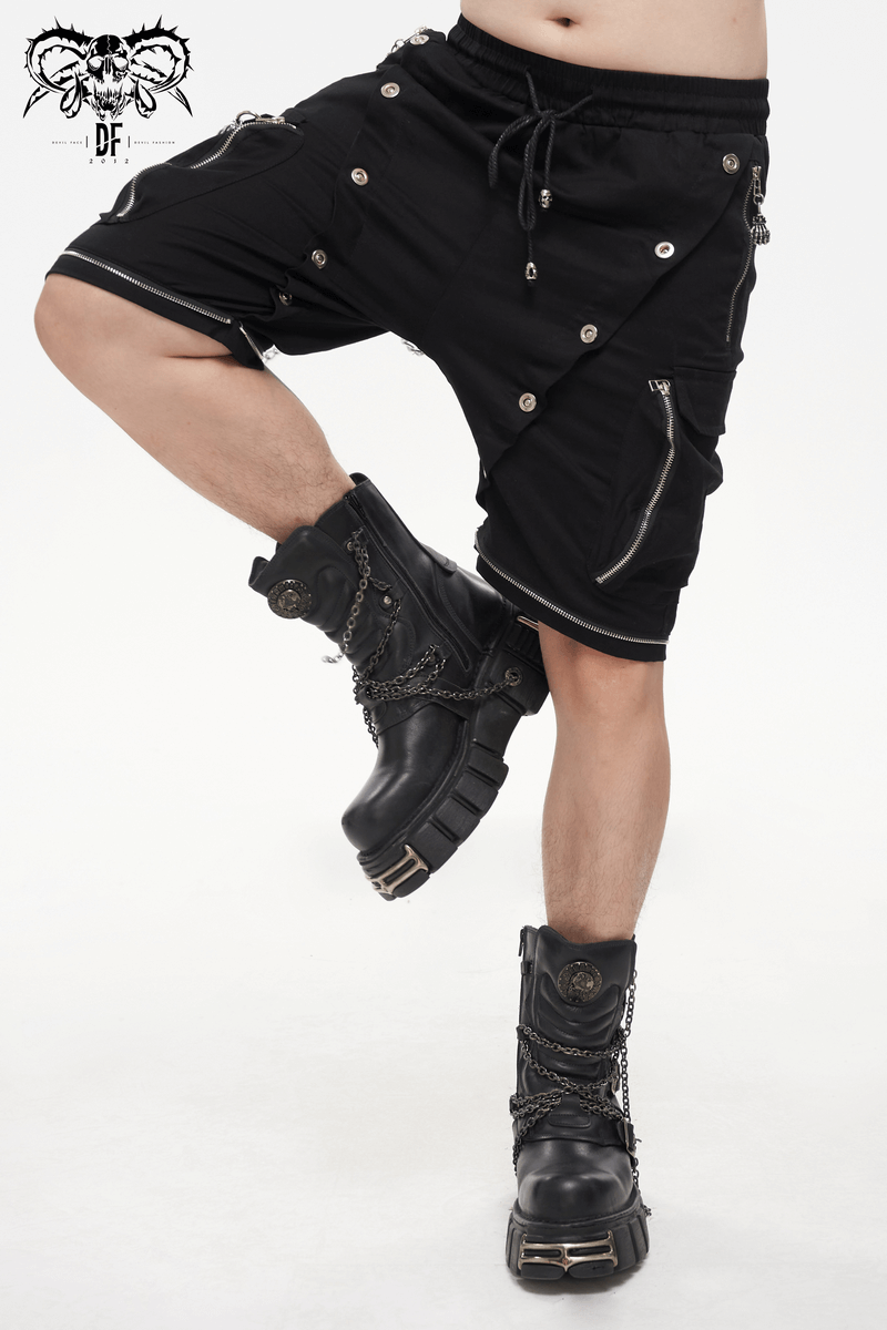 Punk Cargo Pants With Metal Buttons / Gothic Black Detachable Trousers with Chain