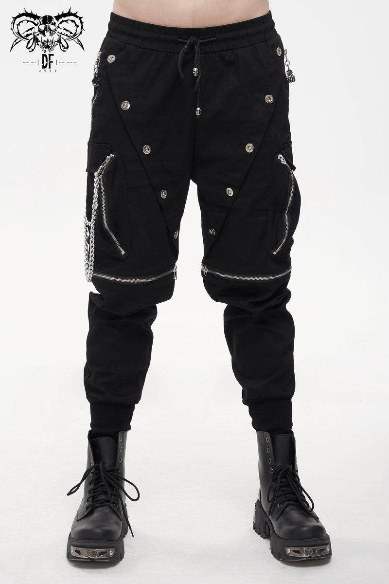 Punk Cargo Pants With Metal Buttons / Gothic Black Detachable Trousers with Chain