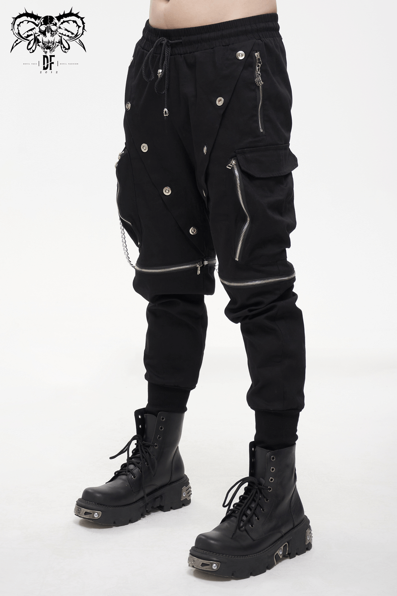 Punk Cargo Pants With Metal Buttons / Gothic Black Detachable Trousers with Chain