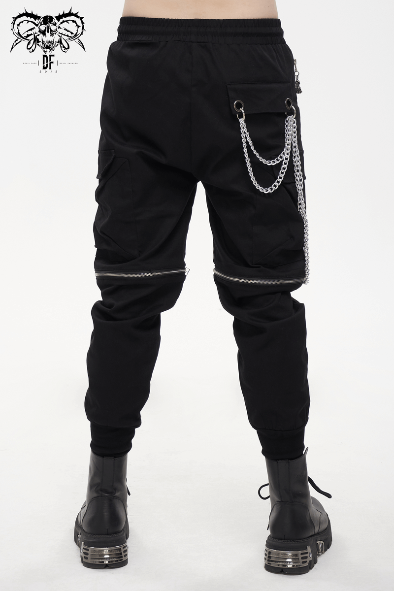 Punk Cargo Pants With Metal Buttons / Gothic Black Detachable Trousers with Chain