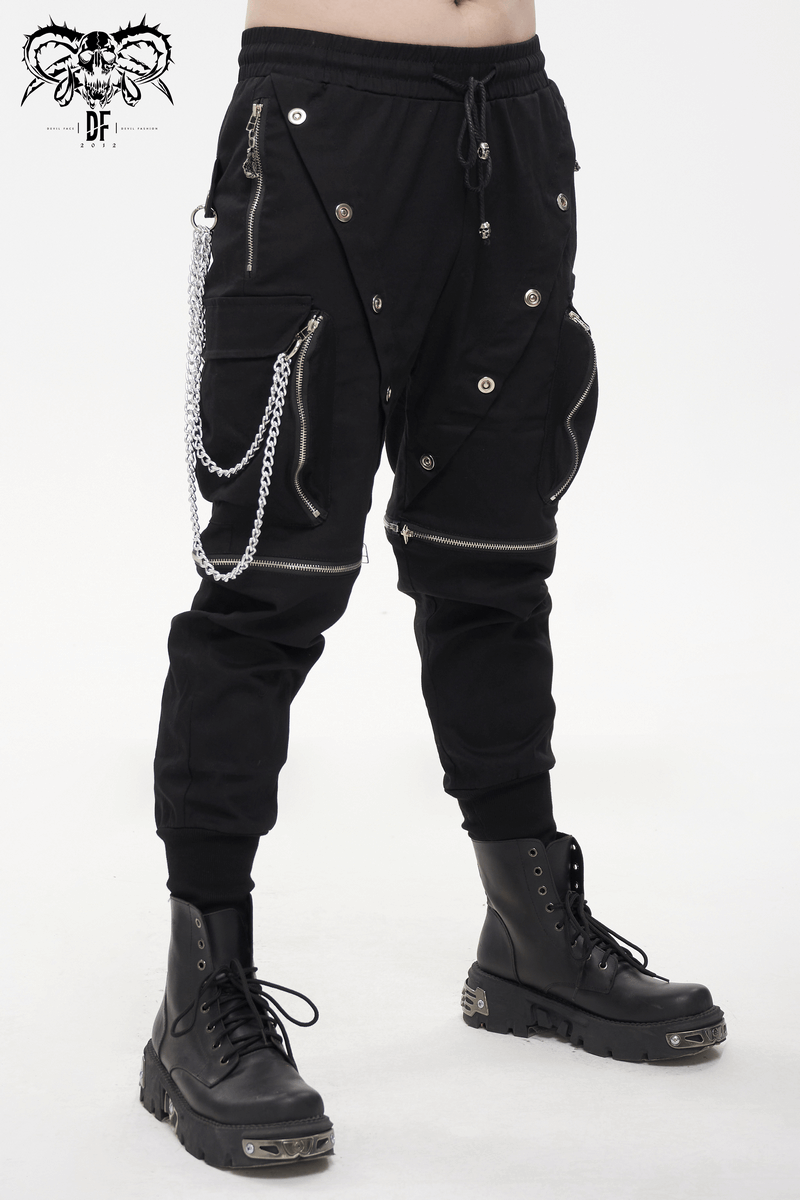 Punk Cargo Pants With Metal Buttons / Gothic Black Detachable Trousers with Chain