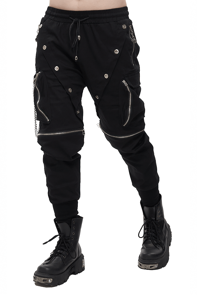 Punk Cargo Pants With Metal Buttons / Gothic Black Detachable Trousers with Chain