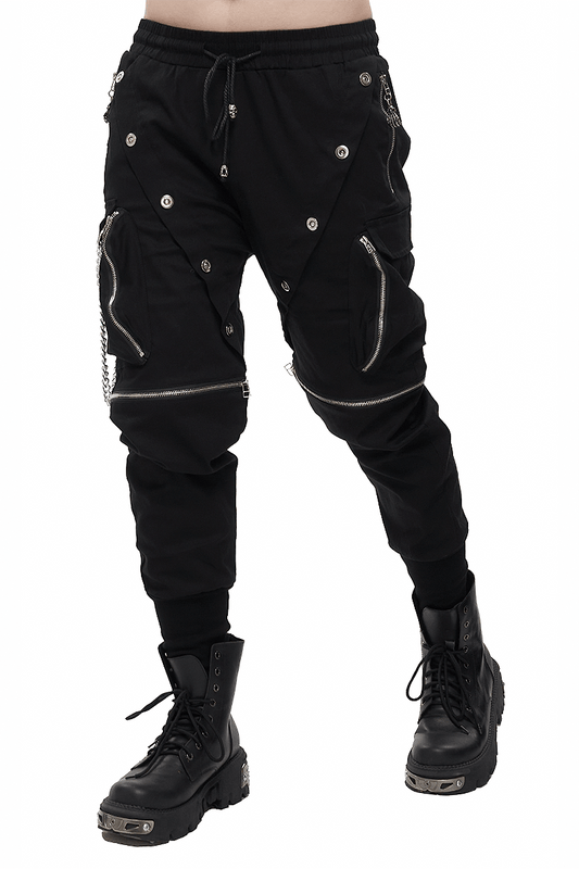 Punk Cargo Pants With Metal Buttons / Gothic Black Detachable Trousers with Chain