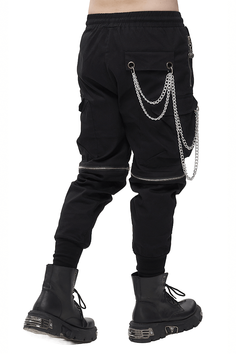 Punk Cargo Pants With Metal Buttons / Gothic Black Detachable Trousers with Chain