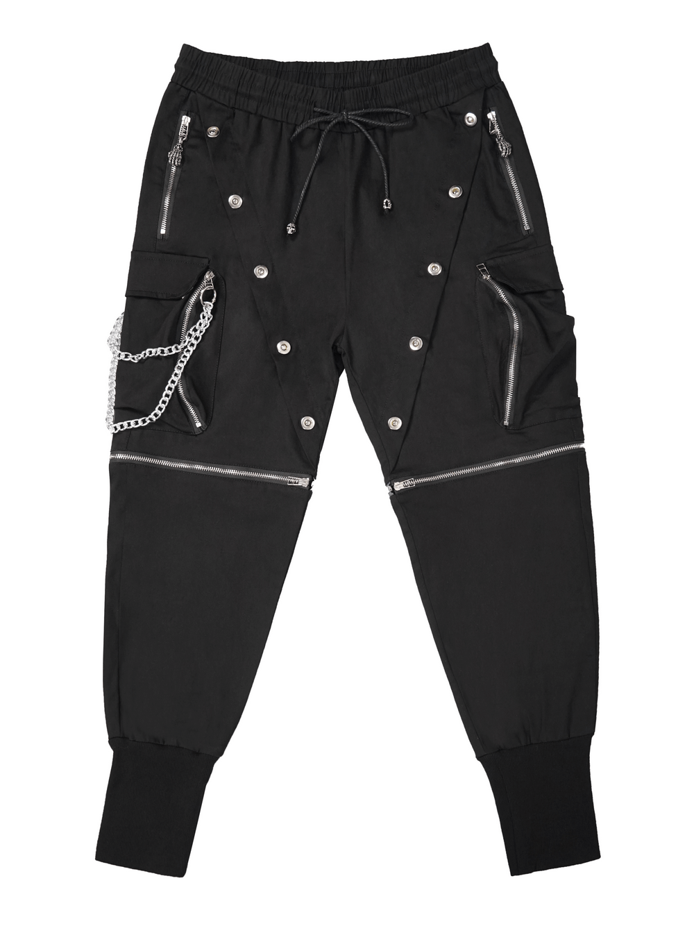 Punk Cargo Pants With Metal Buttons / Gothic Black Detachable Trousers with Chain