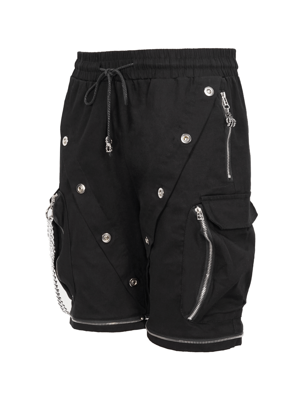 Punk Cargo Pants With Metal Buttons / Gothic Black Detachable Trousers with Chain