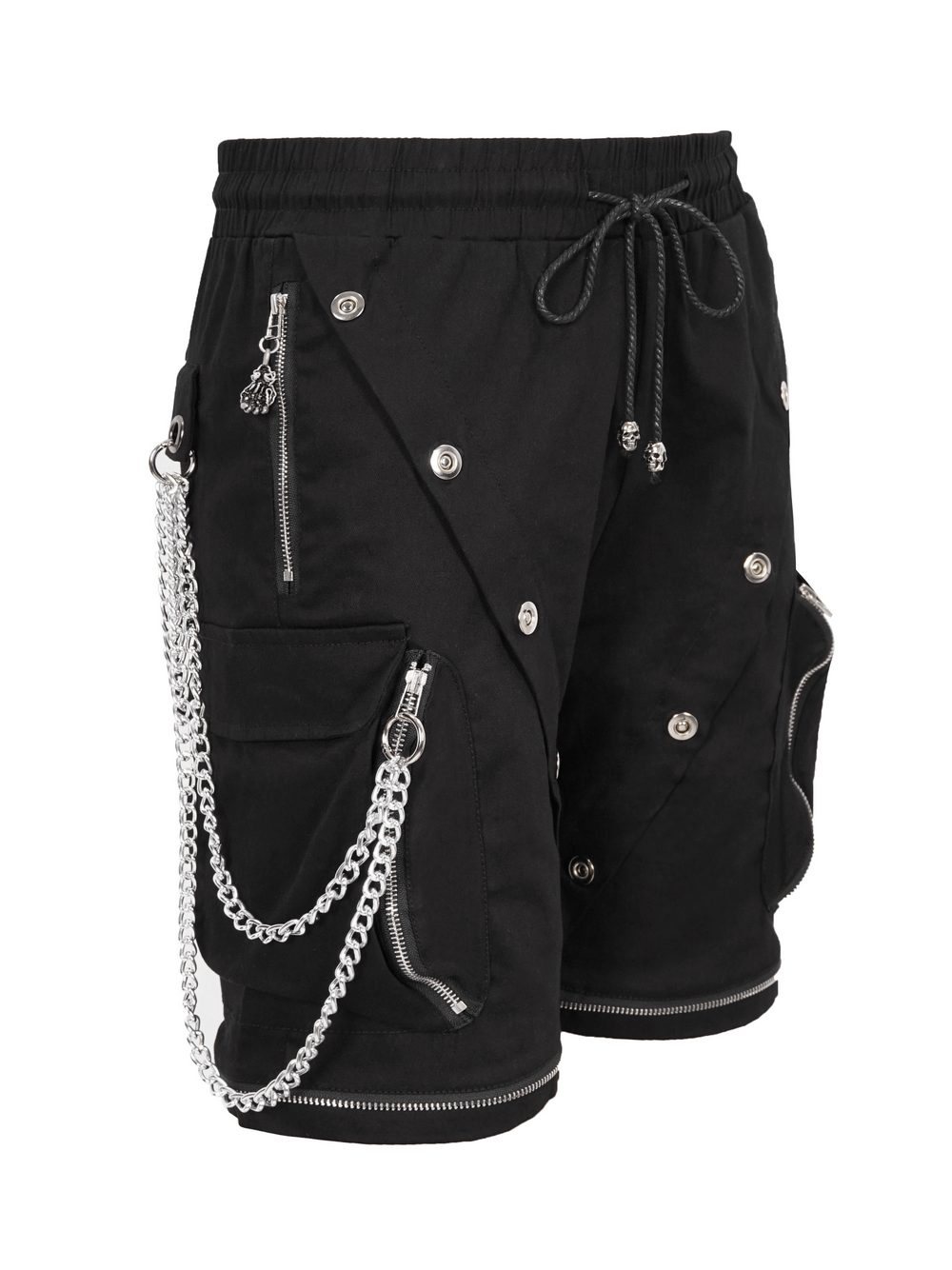 Punk Cargo Pants With Metal Buttons / Gothic Black Detachable Trousers with Chain