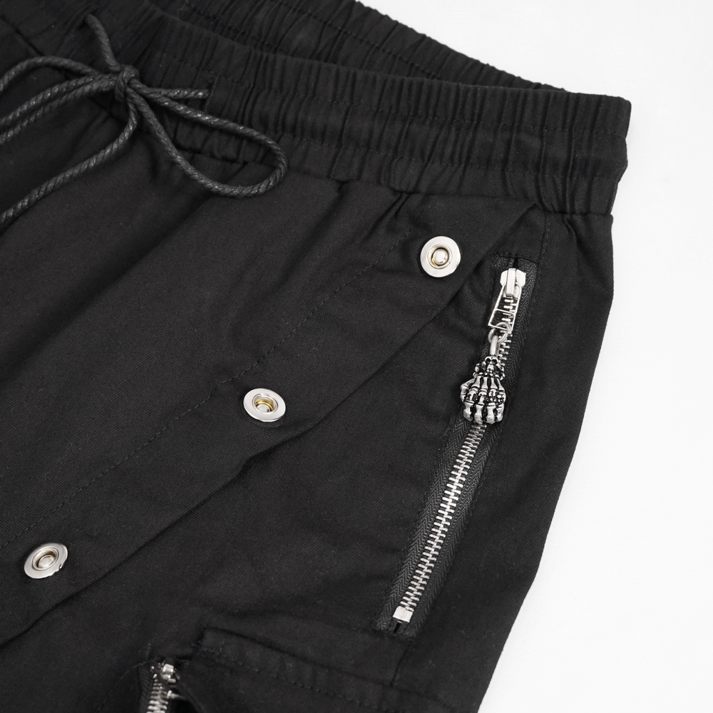 Punk Cargo Pants With Metal Buttons / Gothic Black Detachable Trousers with Chain