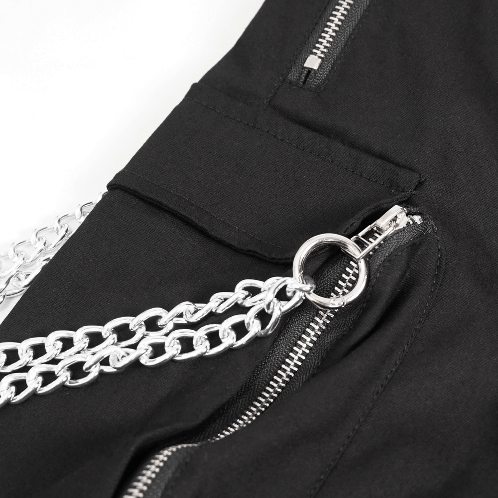 Punk Cargo Pants With Metal Buttons / Gothic Black Detachable Trousers with Chain