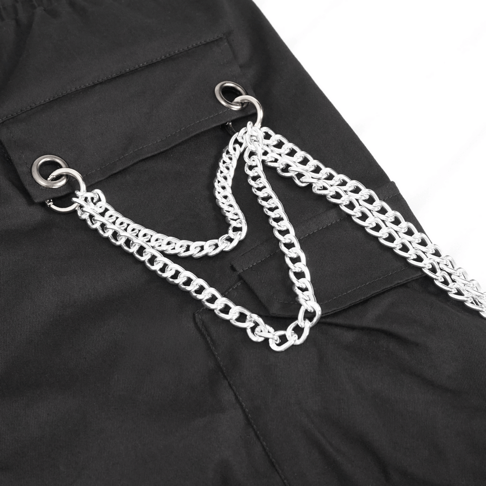 Punk Cargo Pants With Metal Buttons / Gothic Black Detachable Trousers with Chain