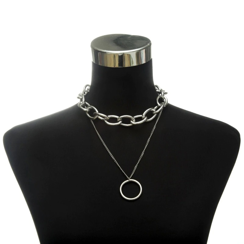 Punk Chain Choker Necklace with Circle / Women's Vintage Aluminium Necklace
