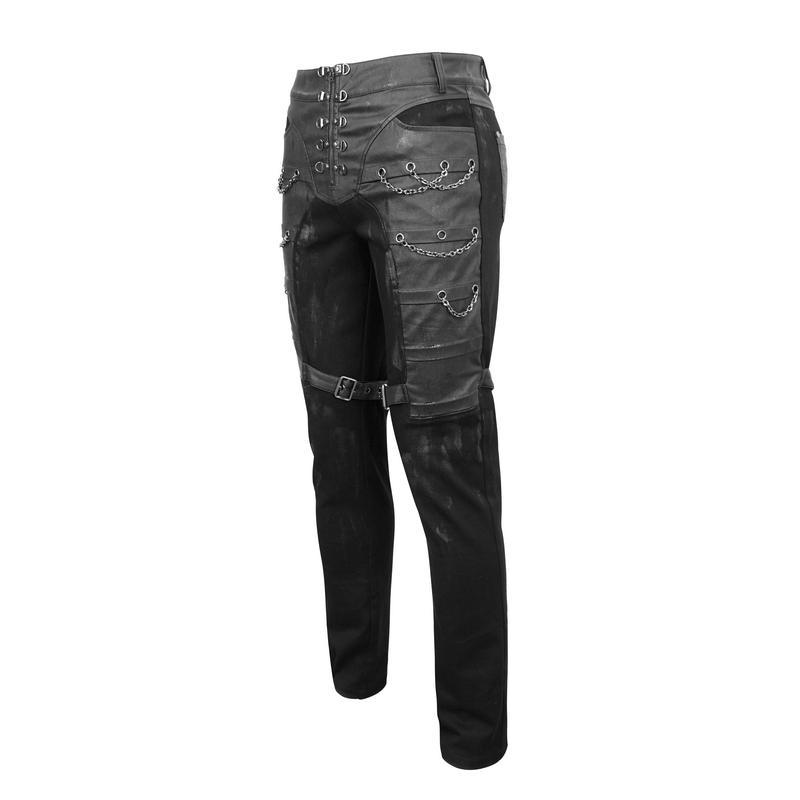 Punk Chains Fitted Male Pants / Black Gothic Trousers with Buckles Strap on Both Thigh
