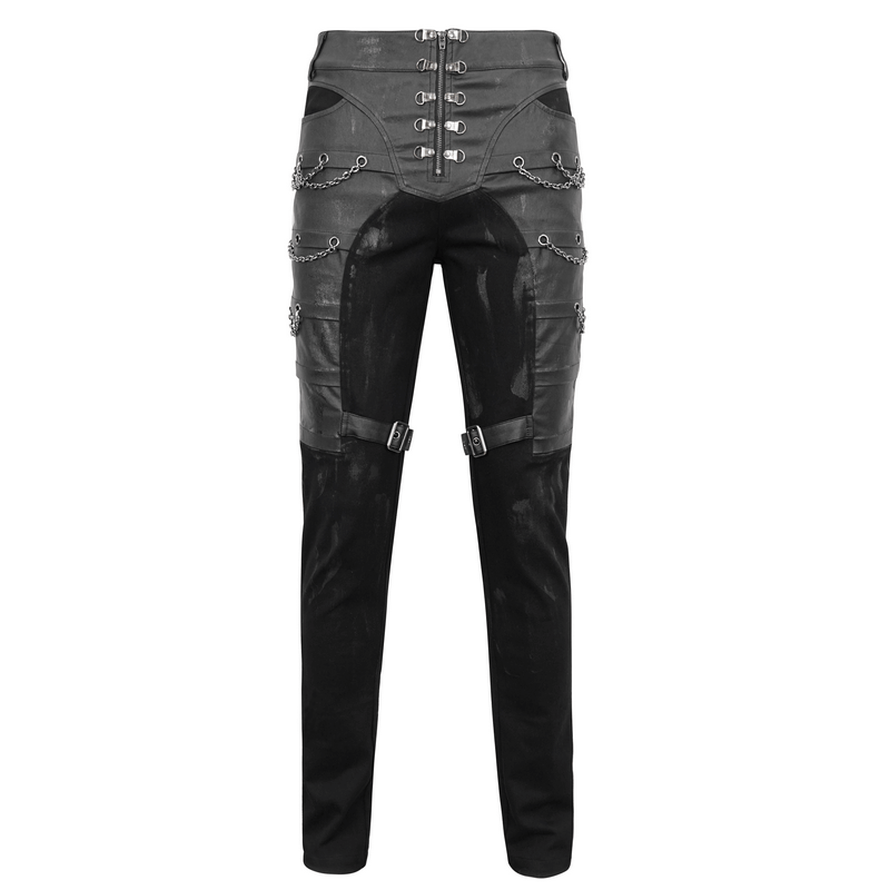 Punk Chains Fitted Male Pants / Black Gothic Trousers with Buckles Strap on Both Thigh