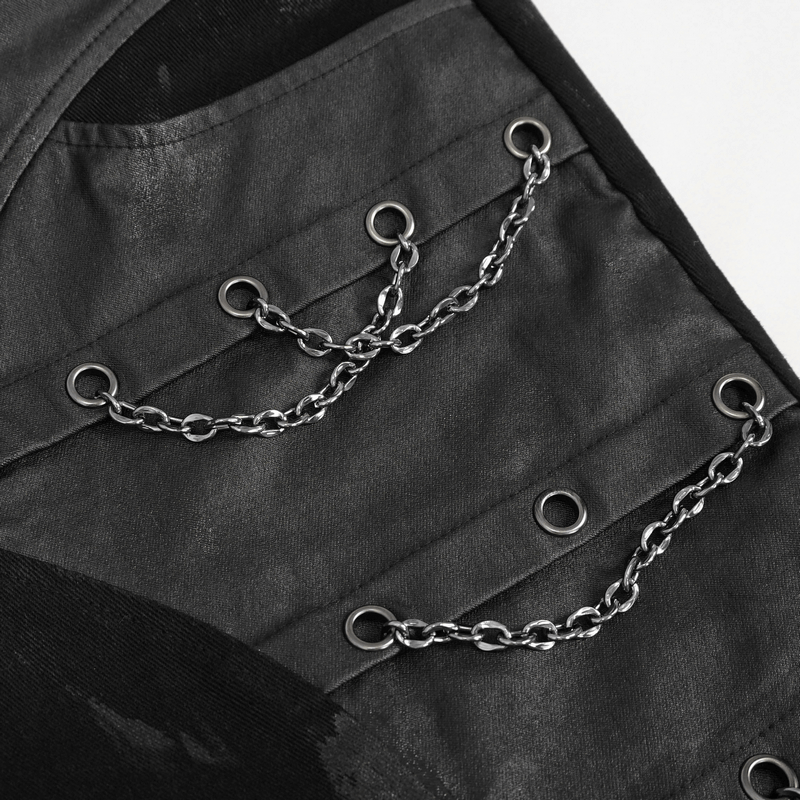 Punk Chains Fitted Male Pants / Black Gothic Trousers with Buckles Strap on Both Thigh
