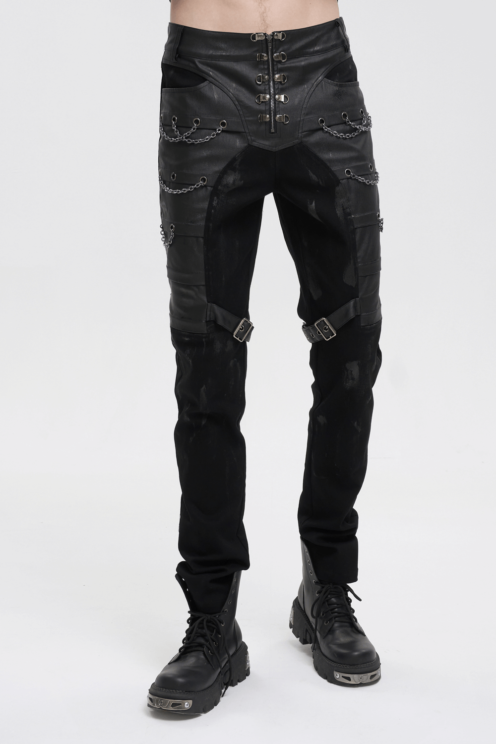 Punk Chains Fitted Male Pants / Black Gothic Trousers with Buckles Strap on Both Thigh