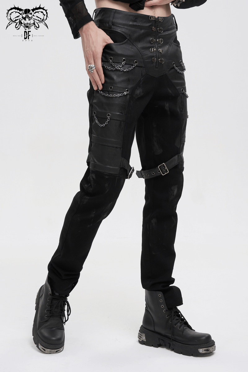 Punk Chains Fitted Male Pants / Black Gothic Trousers with Buckles Strap on Both Thigh