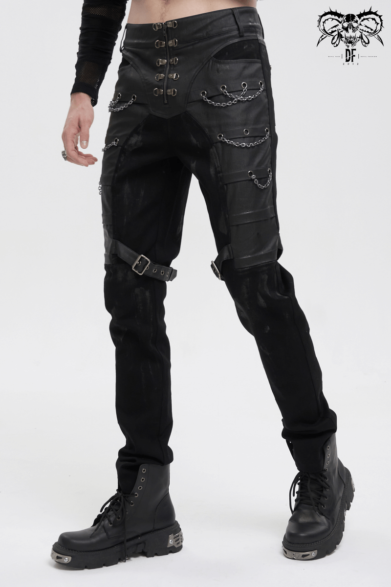 Punk Chains Fitted Male Pants / Black Gothic Trousers with Buckles Strap on Both Thigh