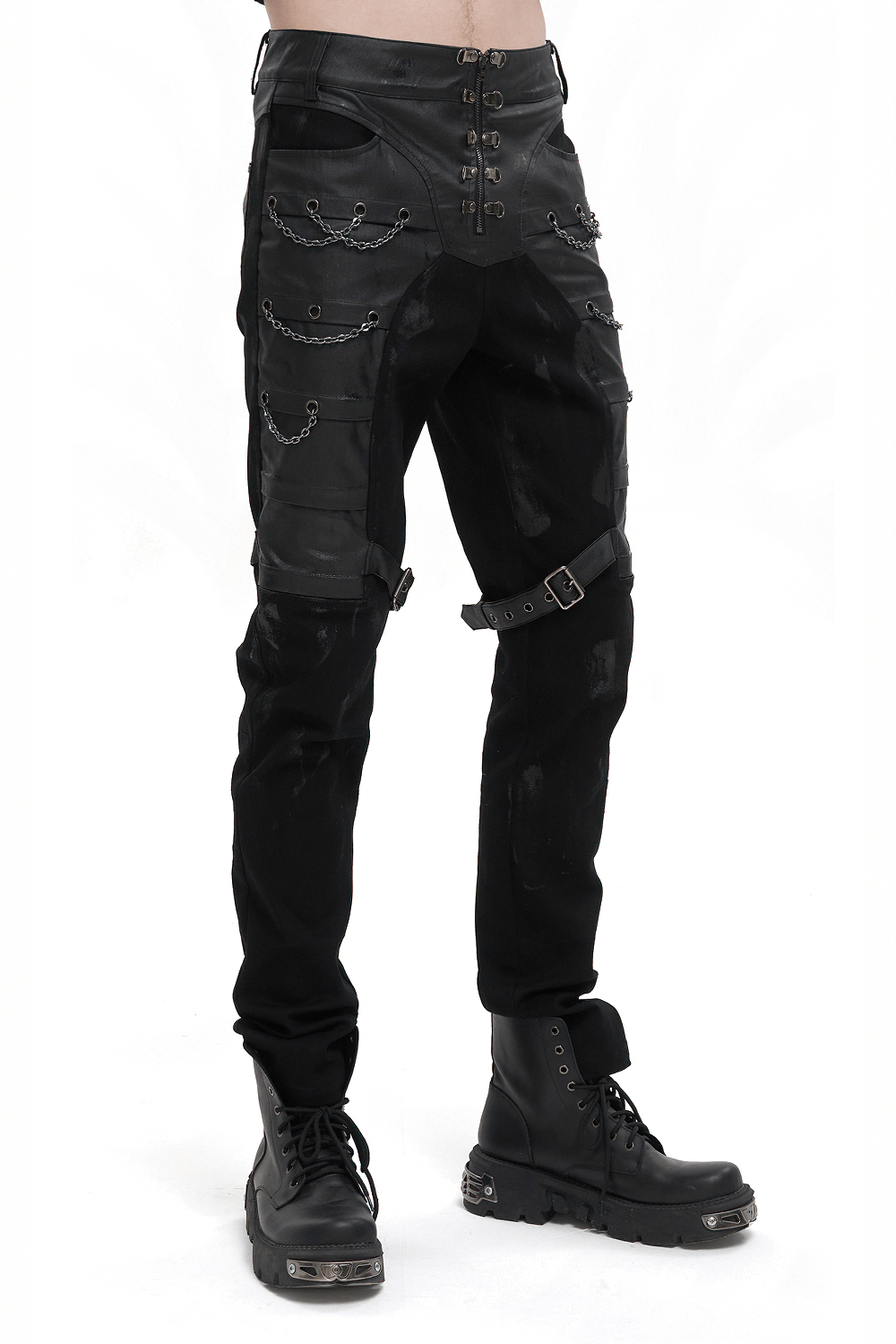 Punk Chains Fitted Male Pants / Black Gothic Trousers with Buckles Strap on Both Thigh