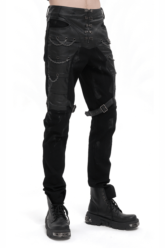 Punk Chains Fitted Male Pants / Black Gothic Trousers with Buckles Strap on Both Thigh