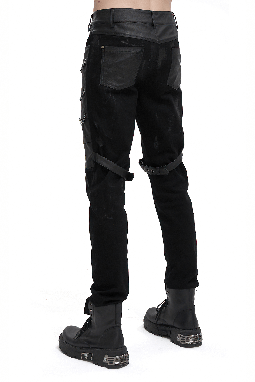 Punk Chains Fitted Male Pants / Black Gothic Trousers with Buckles Strap on Both Thigh