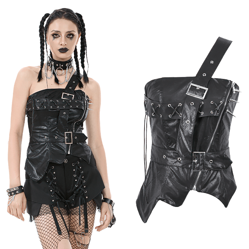 Punk Corset Top with Spiked Details and Zipper Closure