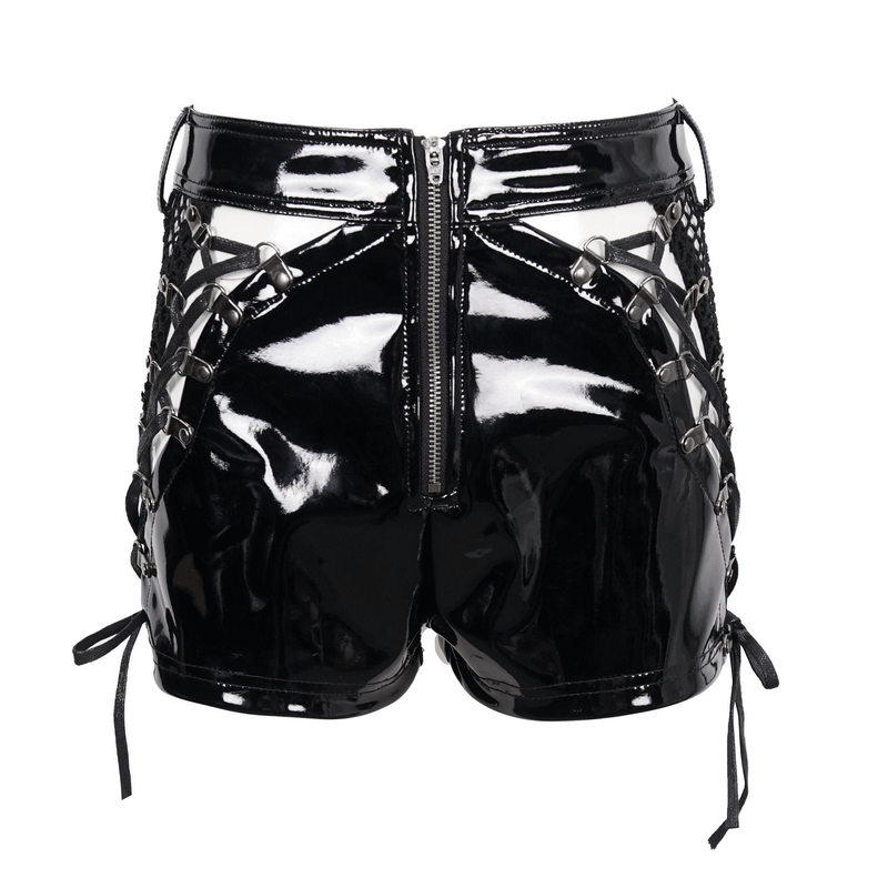 Punk Cut Out Patent Leather Shorts With Lace Up on Both Sides / Sexy Zipper Clothes