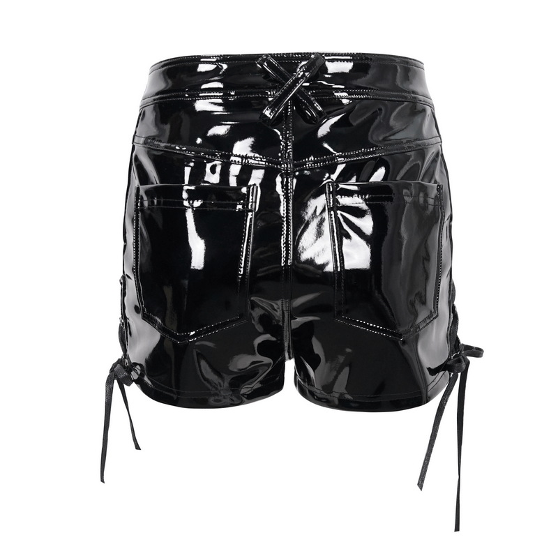 Punk Cut Out Patent Leather Shorts With Lace Up on Both Sides / Sexy Zipper Clothes