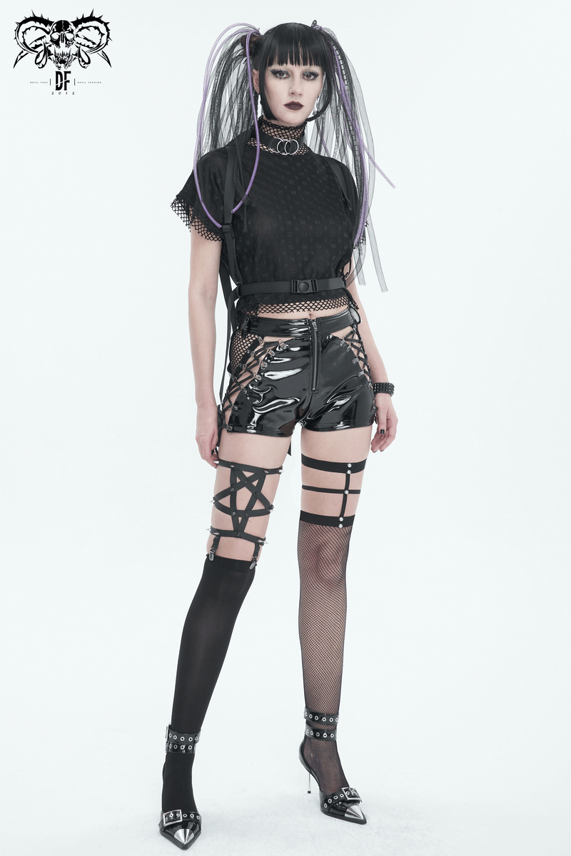 Punk Cut Out Patent Leather Shorts With Lace Up on Both Sides / Sexy Zipper Clothes