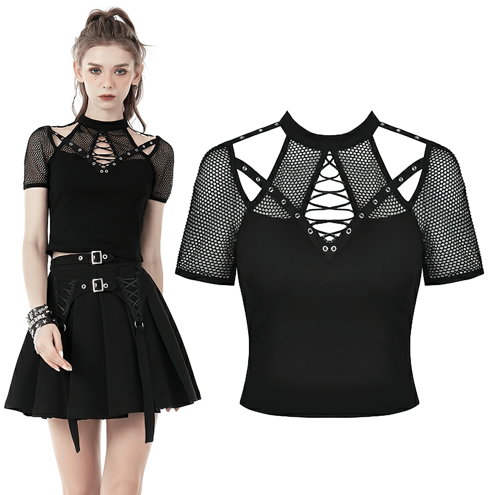 Punk Cutout T-shirt with Mesh Sleeves and Lace-Up Front